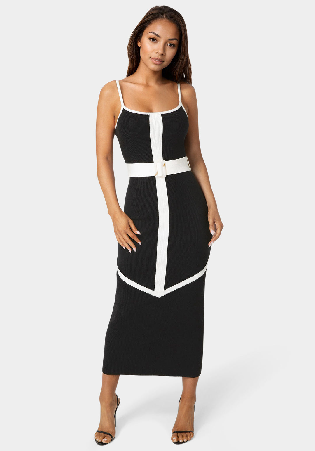 Front View-Rib V-Neck Bodycon Maxi Dress with Belt-Black/White
