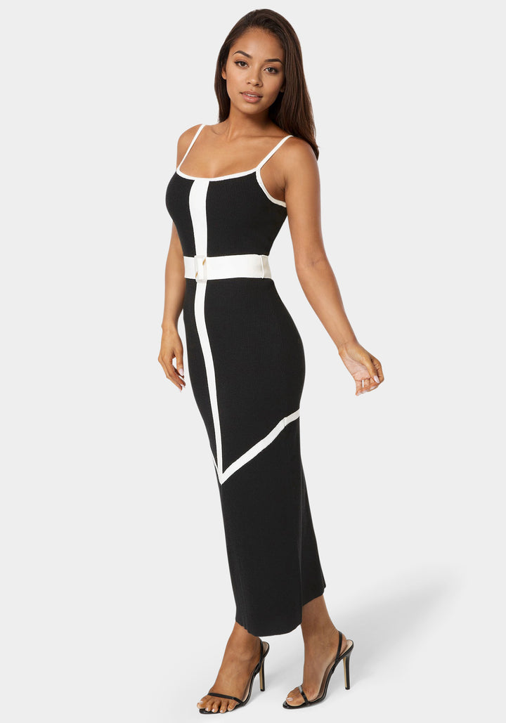 Side View-Rib V-Neck Bodycon Maxi Dress with Belt-Black/White
