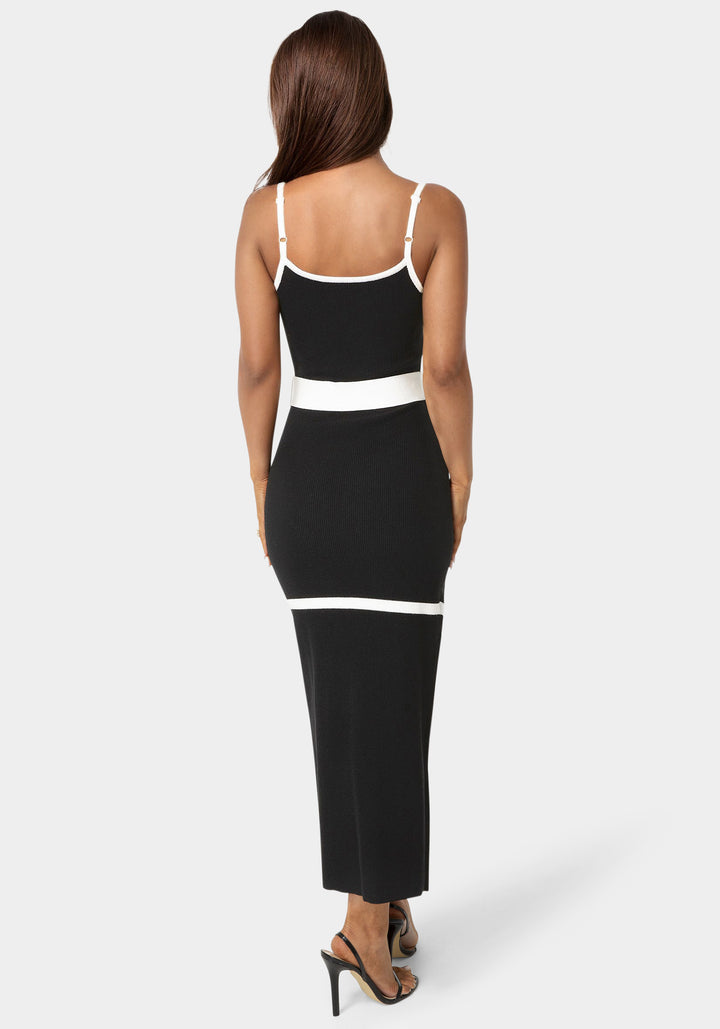 Back View-Rib V-Neck Bodycon Maxi Dress with Belt-Black/White