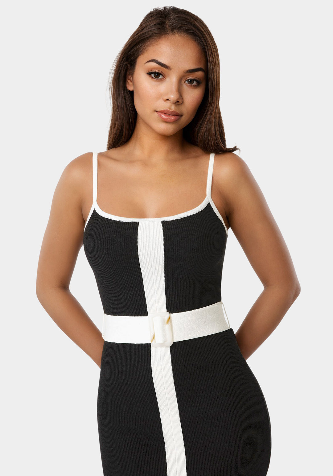 Other View-Rib V-Neck Bodycon Maxi Dress with Belt-Black/White