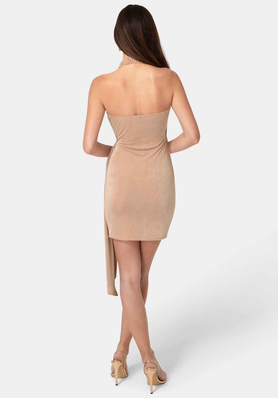 Bebe Women's Wrap Halter Cascade Dress - Mocha Bebe Women's Wrap Halter Cascade Dress - Mocha