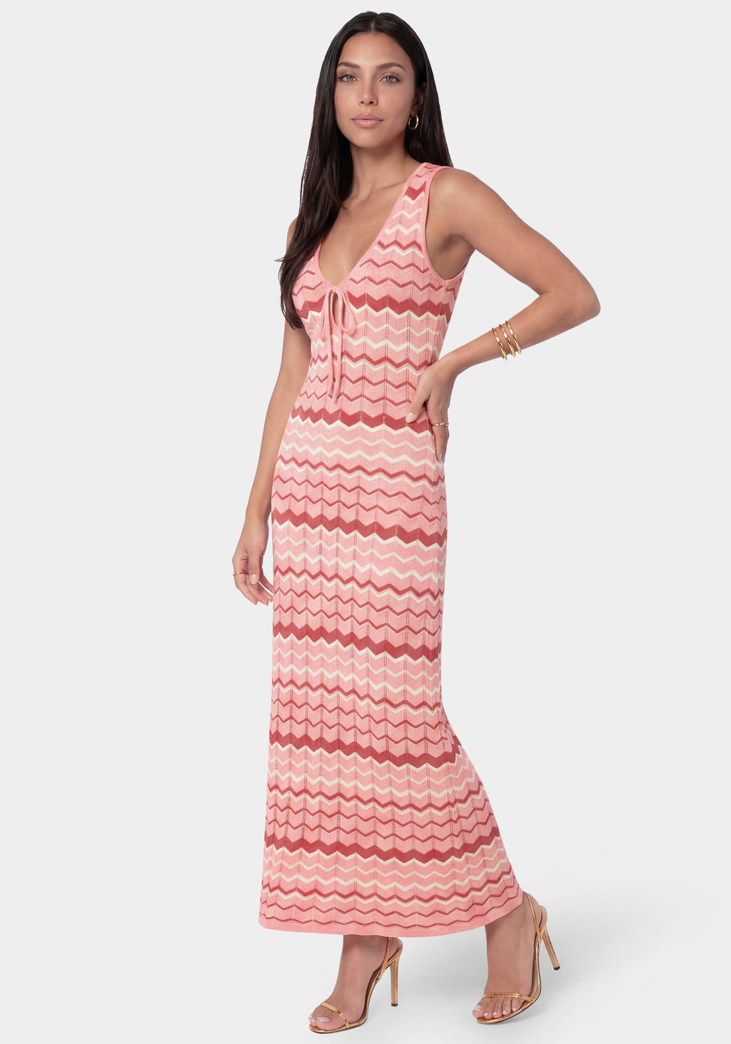 Side View - Pink and White Striped Maxi Dress