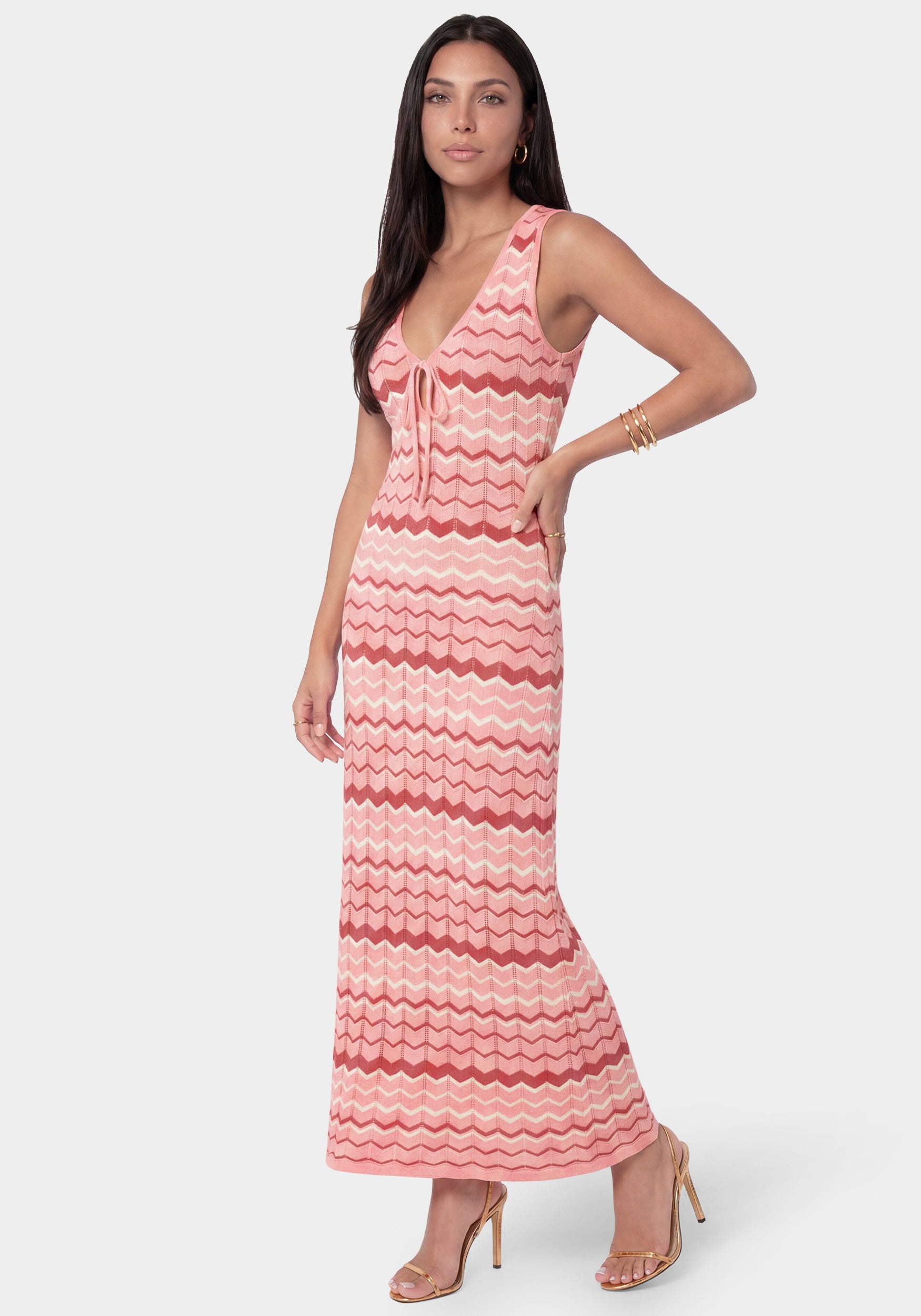 Side View - Pink and White Striped Maxi Dress
