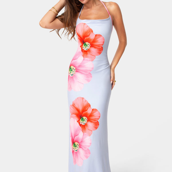 Front View-Printed Cowl Halter Maxi Dress-Blue Multi