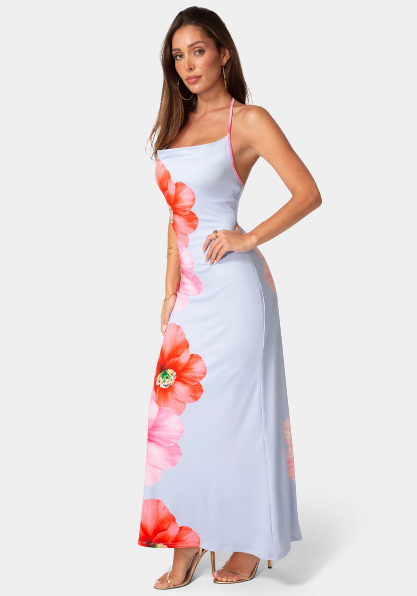 Side View-Printed Cowl Halter Maxi Dress-Blue Multi