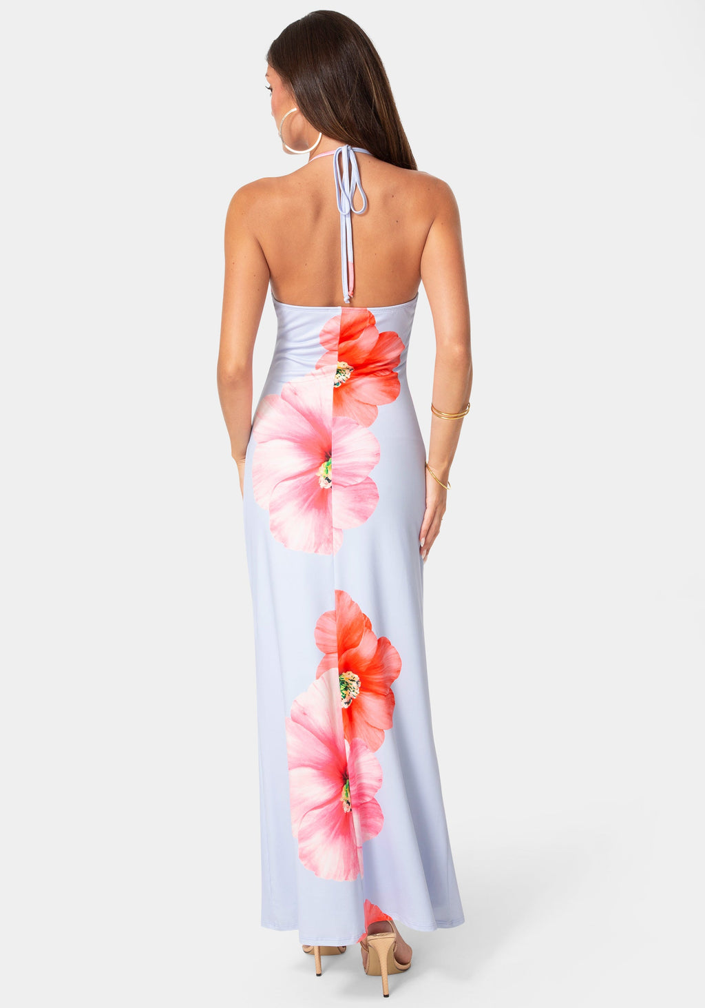 Back View-Printed Cowl Halter Maxi Dress-Blue Multi