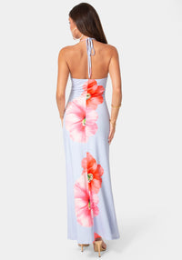 Back View-Printed Cowl Halter Maxi Dress-Blue Multi