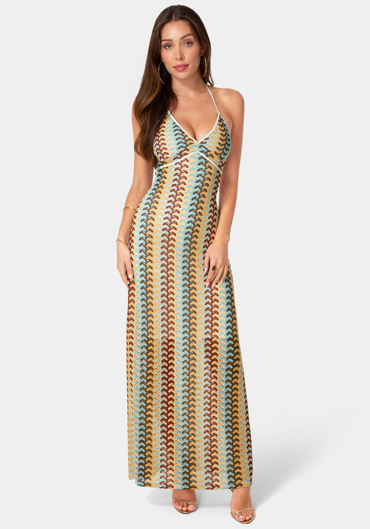 Front View-Crochet Stripe Halter A-Line Maxi Dress-Blue Multi