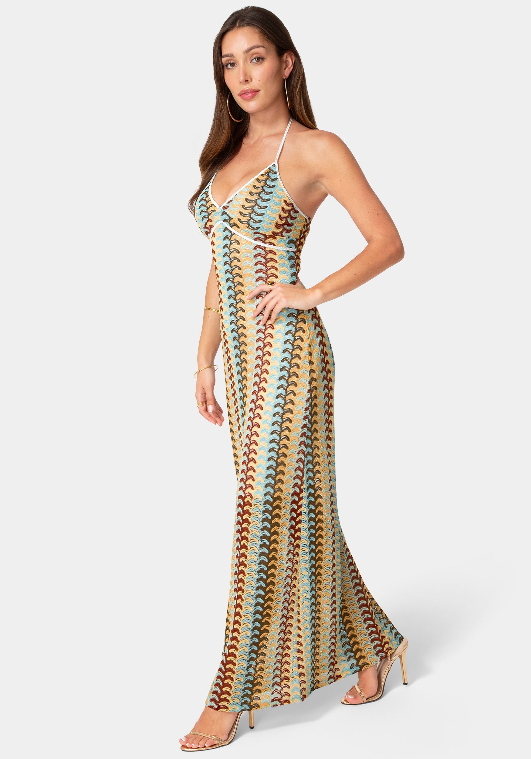 Bebe Women's Crochet Stripe Halter A-Line Maxi Dress