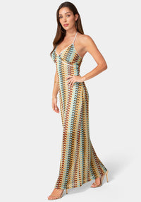 Side View-Crochet Stripe Halter A-Line Maxi Dress-Blue Multi