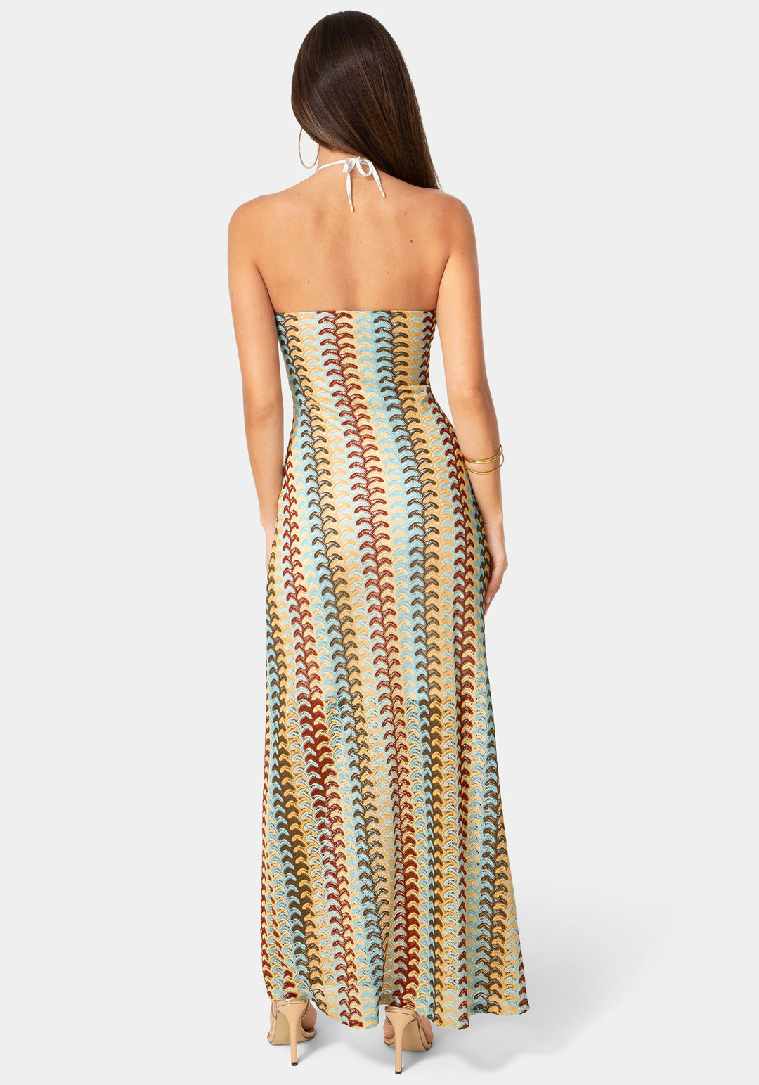 Back View-Crochet Stripe Halter A-Line Maxi Dress-Blue Multi