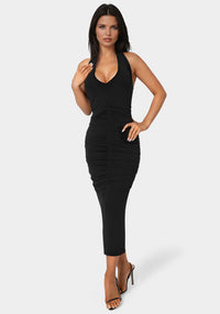 Front View-Slinky Shirred Halter Maxi Dress-Black