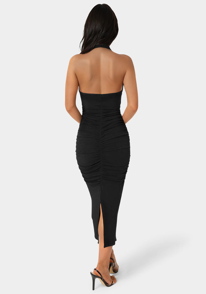 Back View-Slinky Shirred Halter Maxi Dress-Black