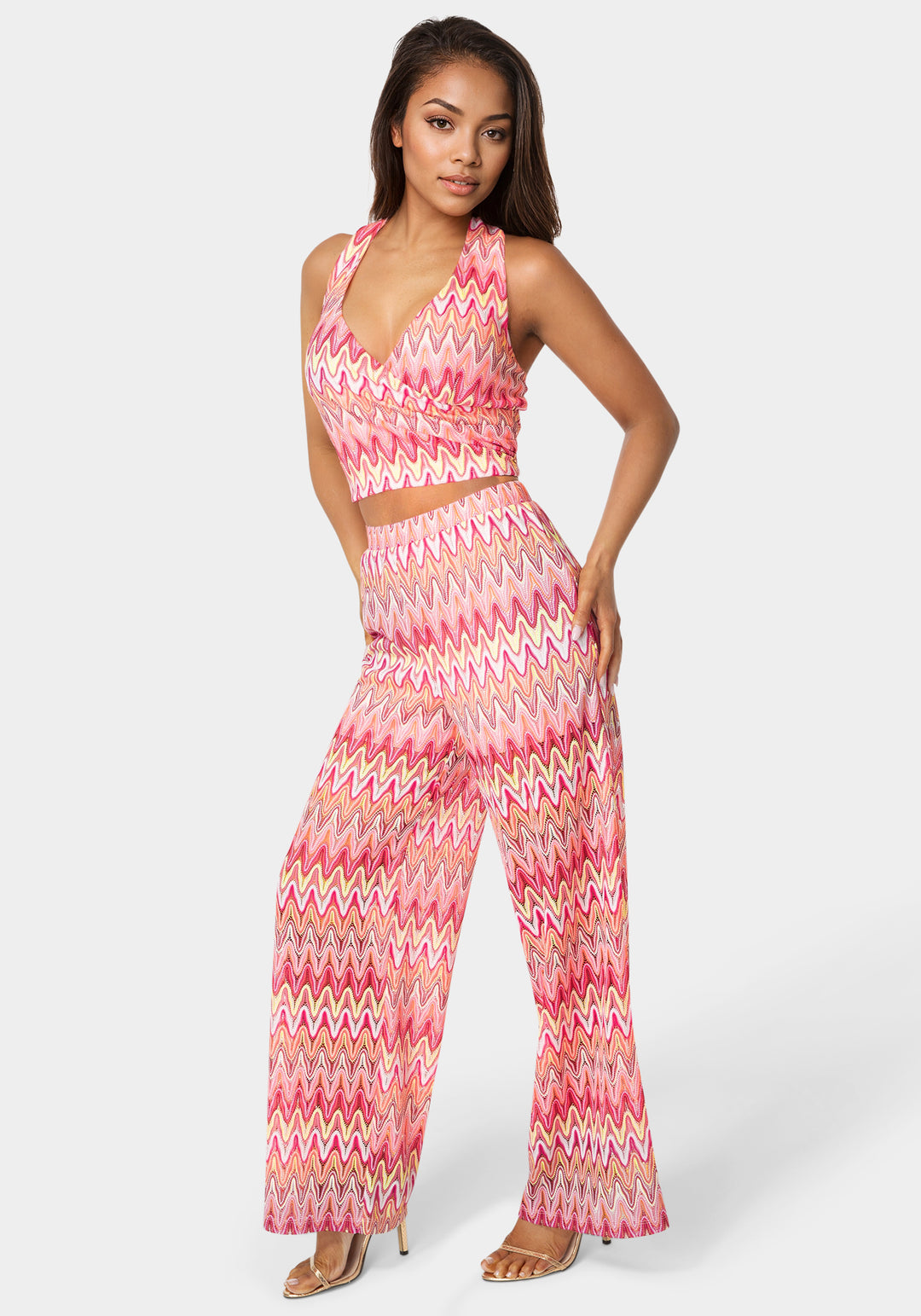 Side View-2-Piece Chevron Halter Top Flare Pant Set-Pink/Multi