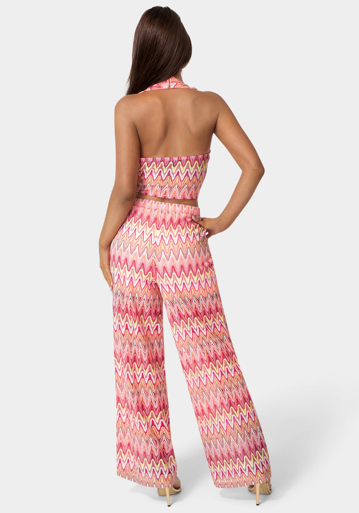 Back View-2-Piece Chevron Halter Top Flare Pant Set-Pink/Multi