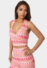 Other View-2-Piece Chevron Halter Top Flare Pant Set-Pink/Multi
