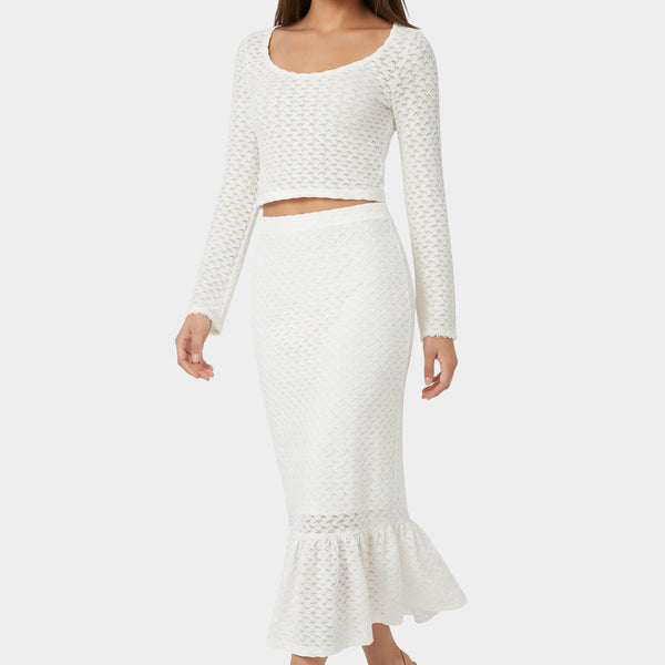 Front View-2-Piece Crochet Top Tiered Skirt Set-Ivory