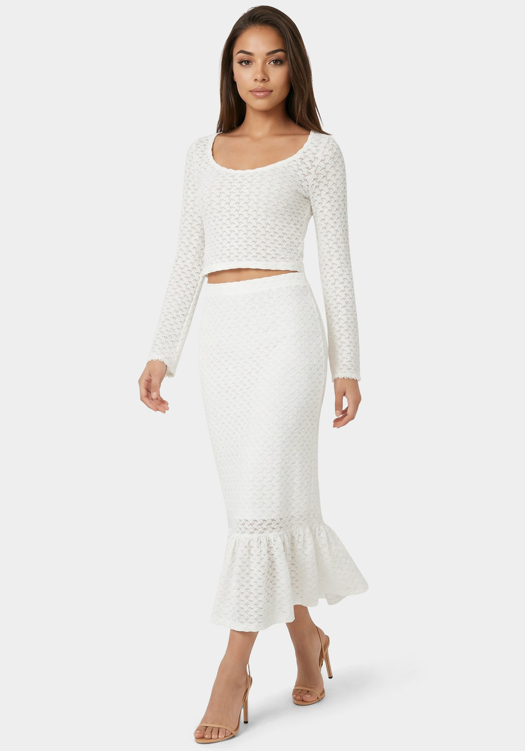 Front View-2-Piece Crochet Top Tiered Skirt Set-Ivory