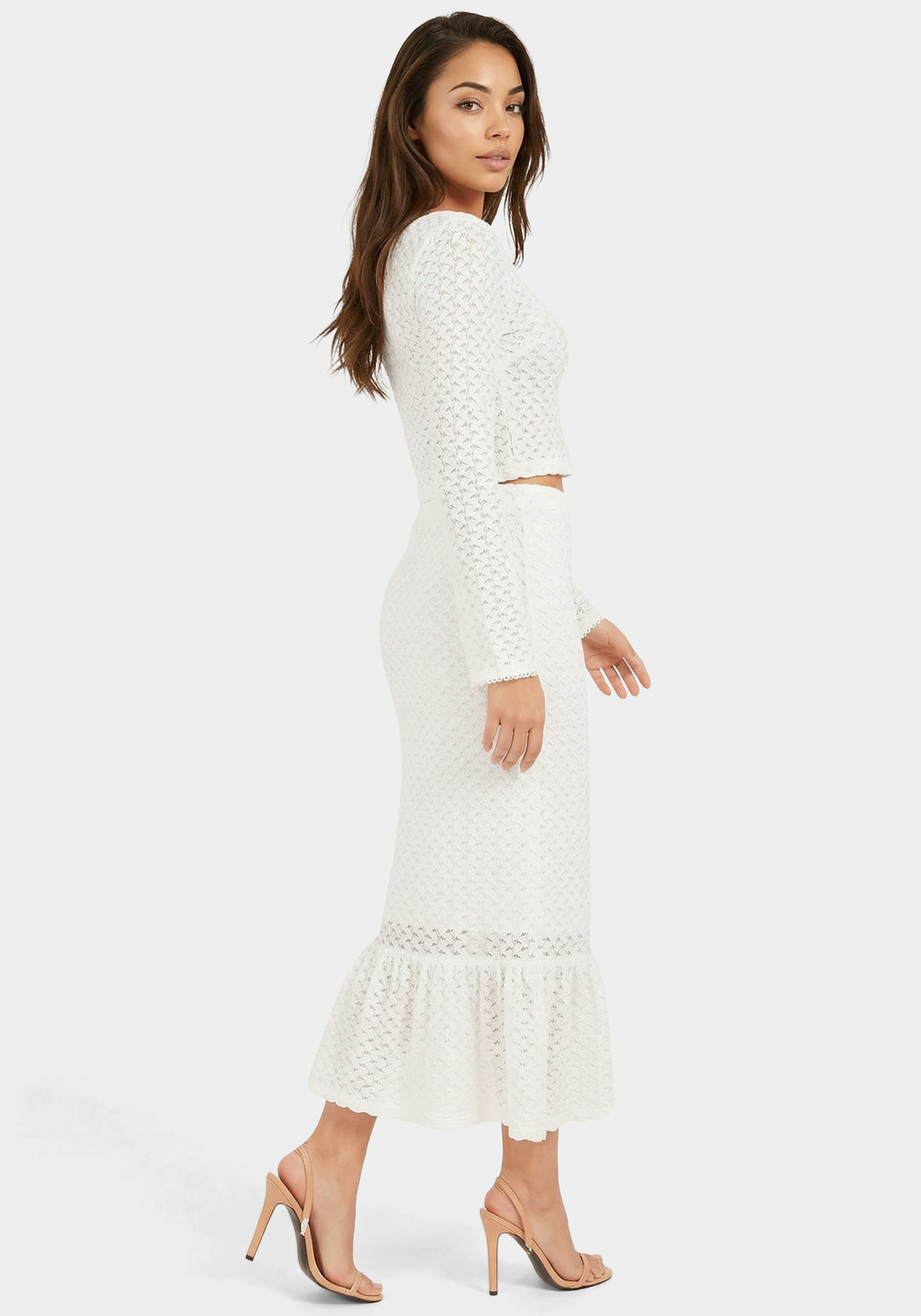 Side View-2-Piece Crochet Top Tiered Skirt Set-Ivory