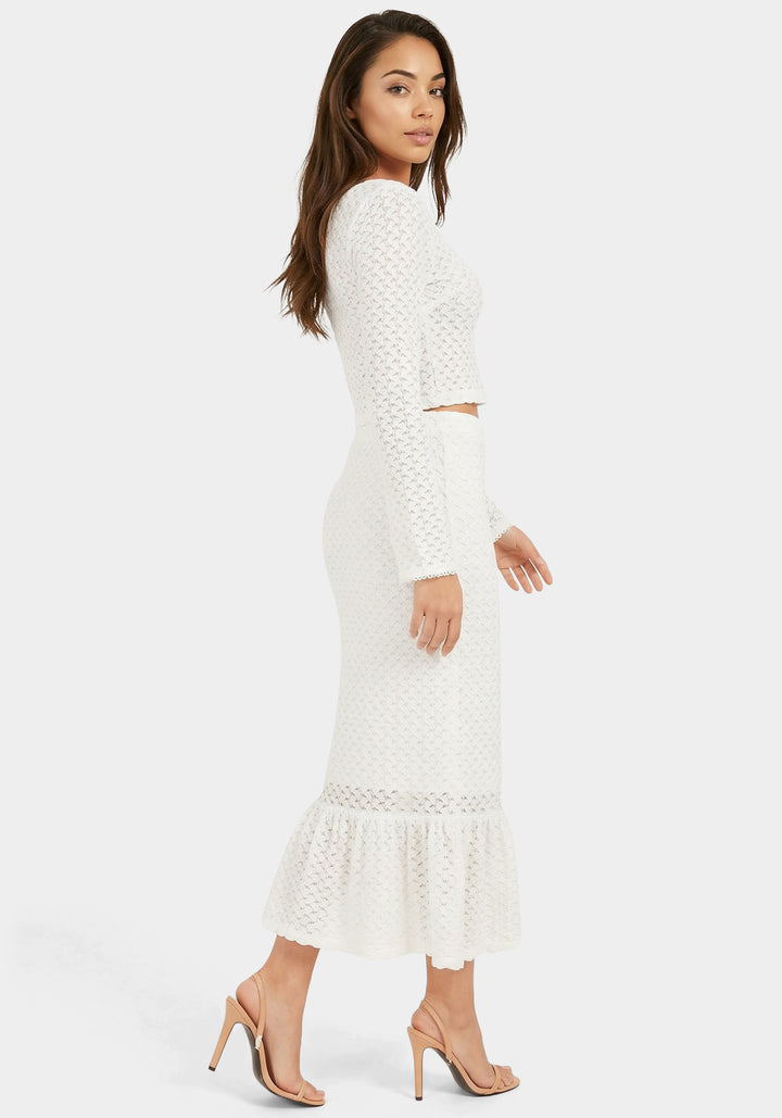 Side View-2-Piece Crochet Top Tiered Skirt Set-Ivory
