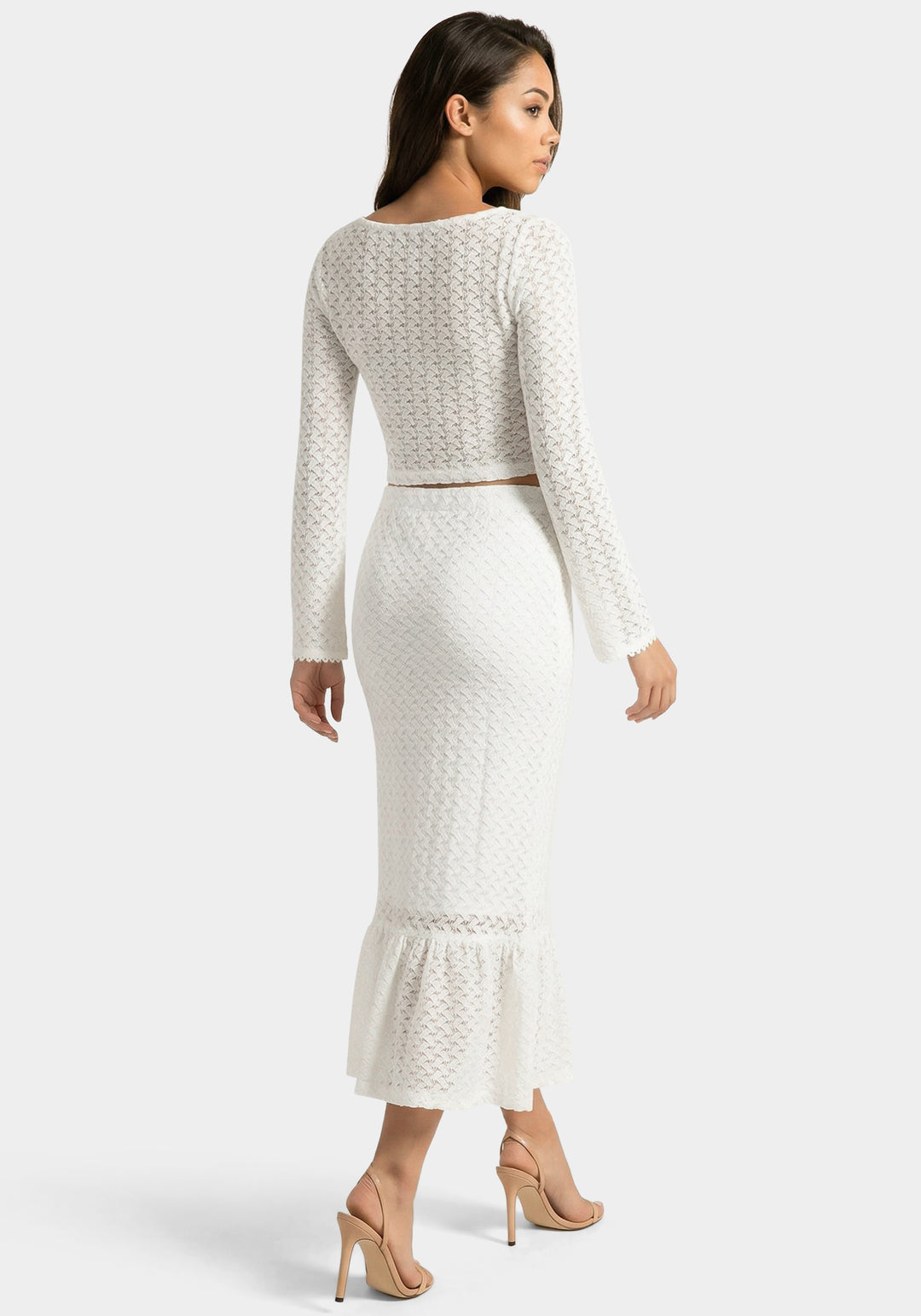 Back View-2-Piece Crochet Top Tiered Skirt Set-Ivory