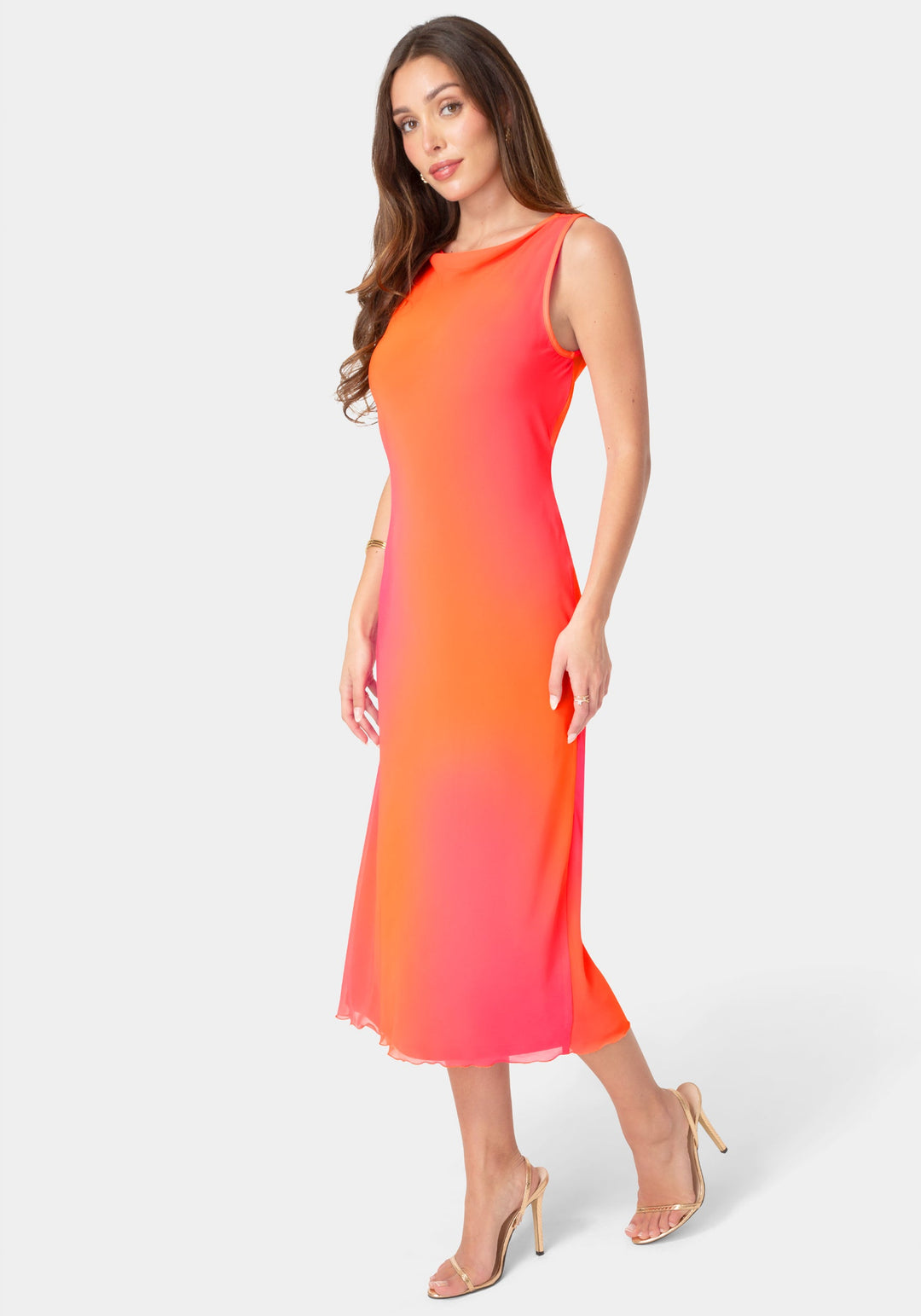 Side View-Smudge Chiffon Racer Neck Maxi Dress-Orange Fuchsia