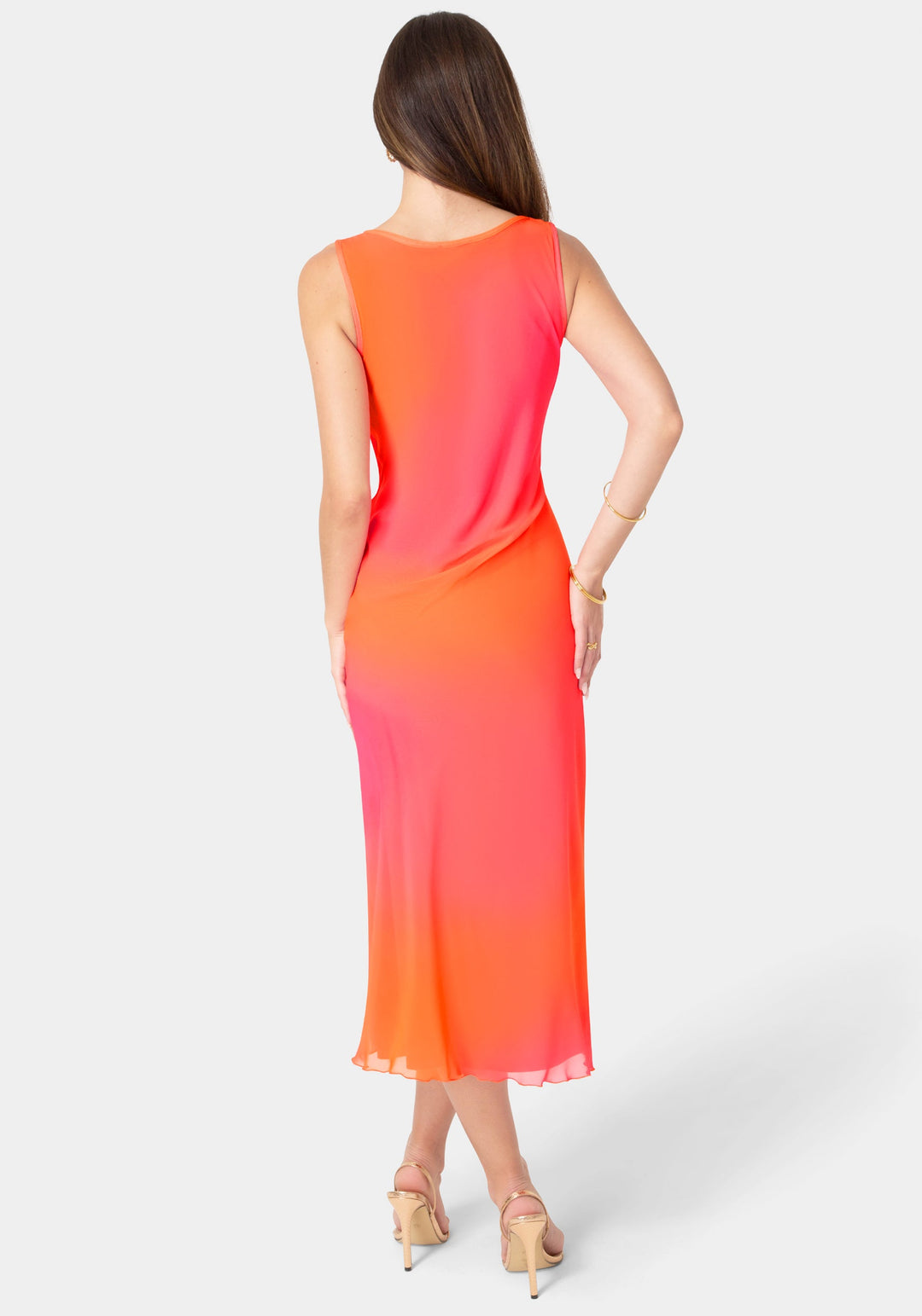 Back View-Smudge Chiffon Racer Neck Maxi Dress-Orange Fuchsia