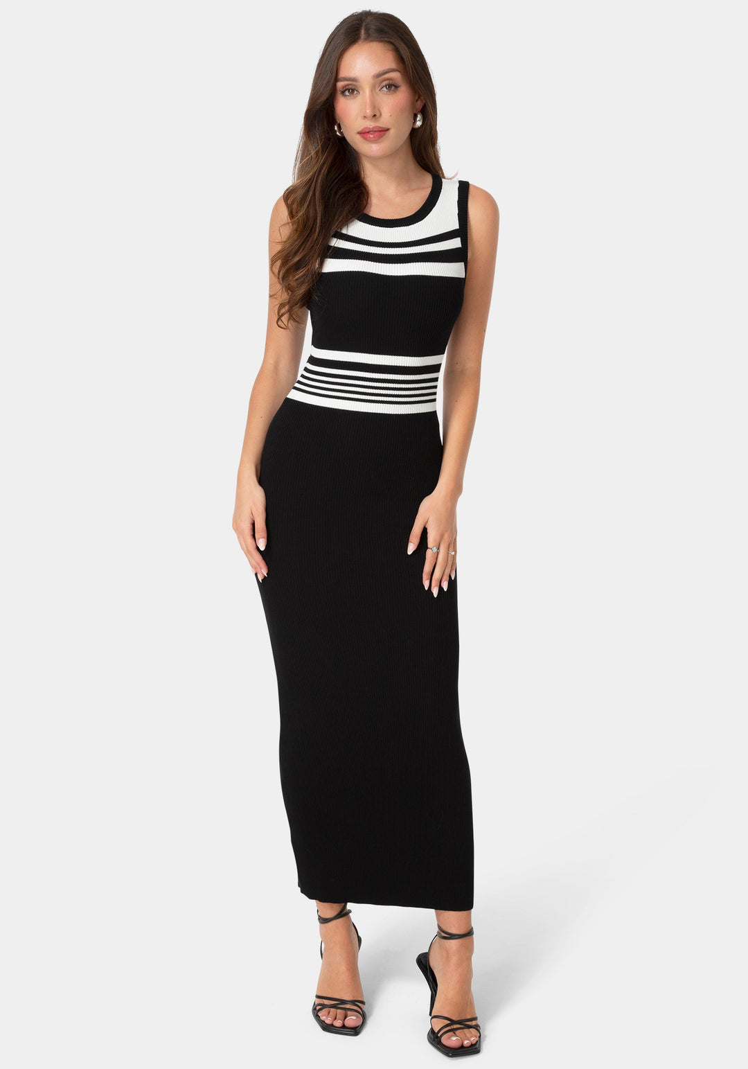 Front View-Racer Maxi Dress with Contrast Stripe-Black