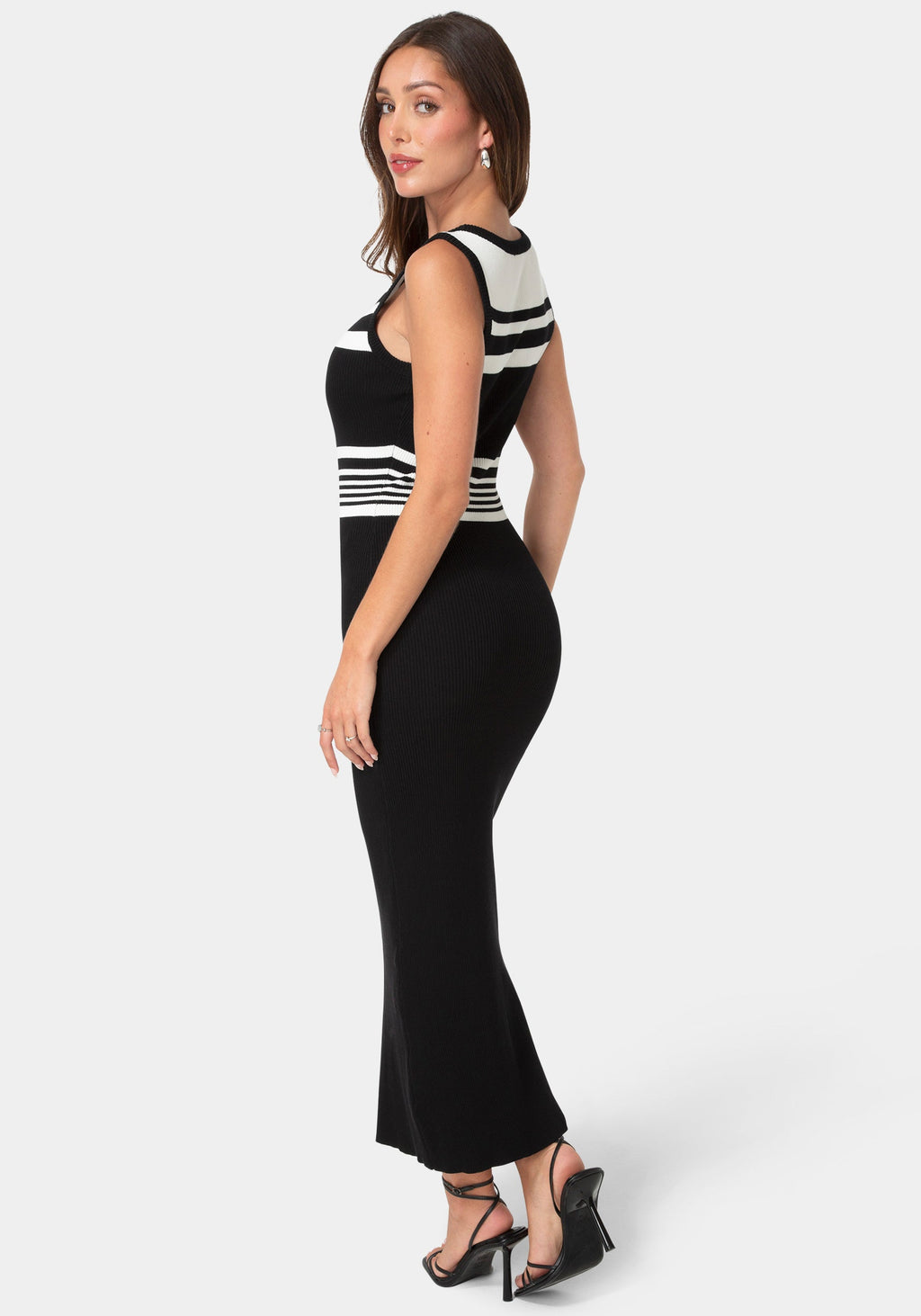 Back View-Racer Maxi Dress with Contrast Stripe-Black