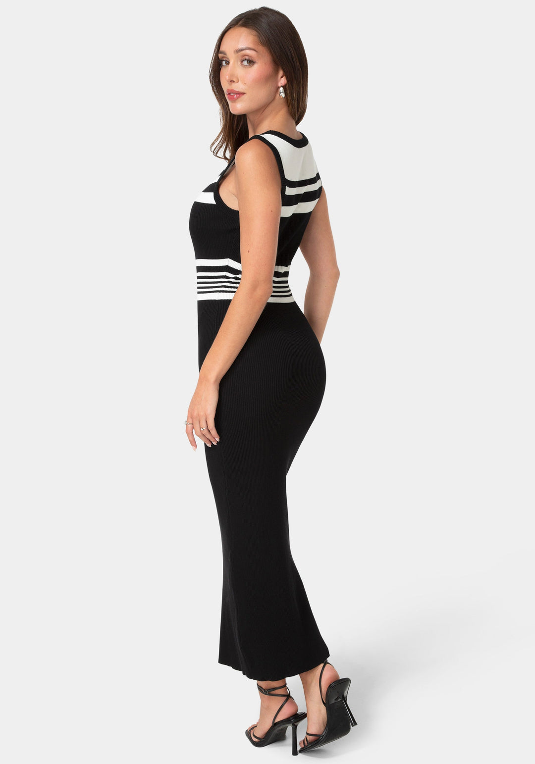 Back View-Racer Maxi Dress with Contrast Stripe-Black
