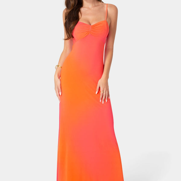 Front View-Printed Mesh Drape Back Maxi Dress-Orange Fuchsia