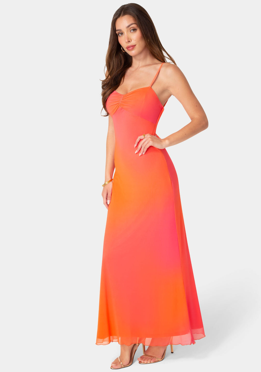 Bebe Women's Printed Mesh Drape Back Maxi Dress