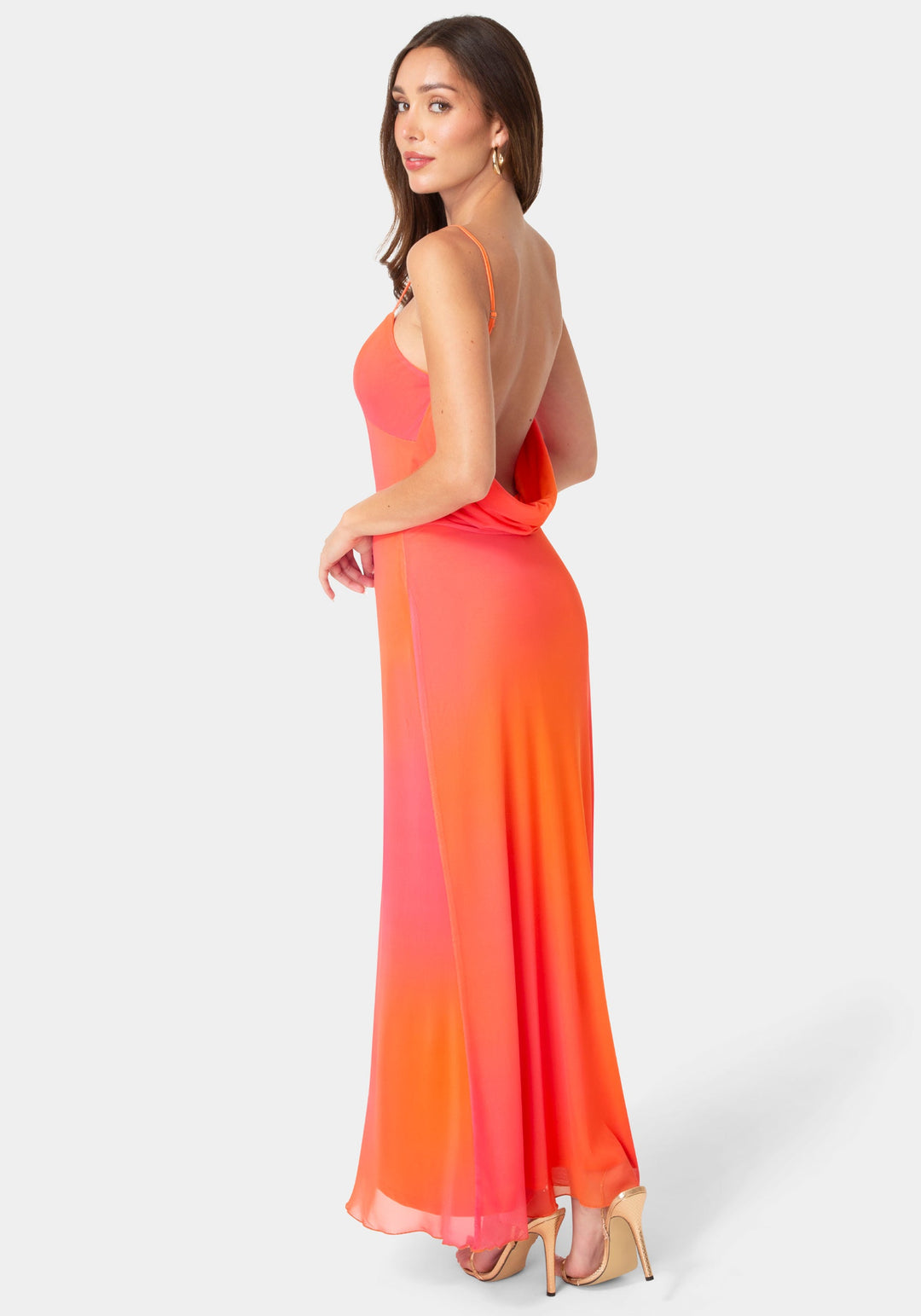 Bebe Women's Printed Mesh Drape Back Maxi Dress - Orange Fuchsia Bebe Women's Printed Mesh Drape Back Maxi Dress - Orange Fuchsia