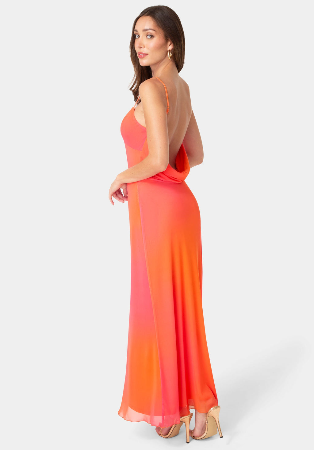 Back View-Printed Mesh Drape Back Maxi Dress-Orange Fuchsia