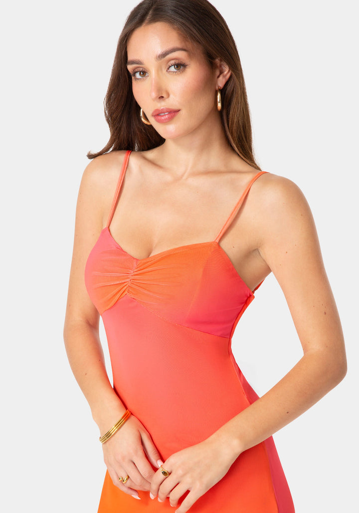 Other View-Printed Mesh Drape Back Maxi Dress-Orange Fuchsia