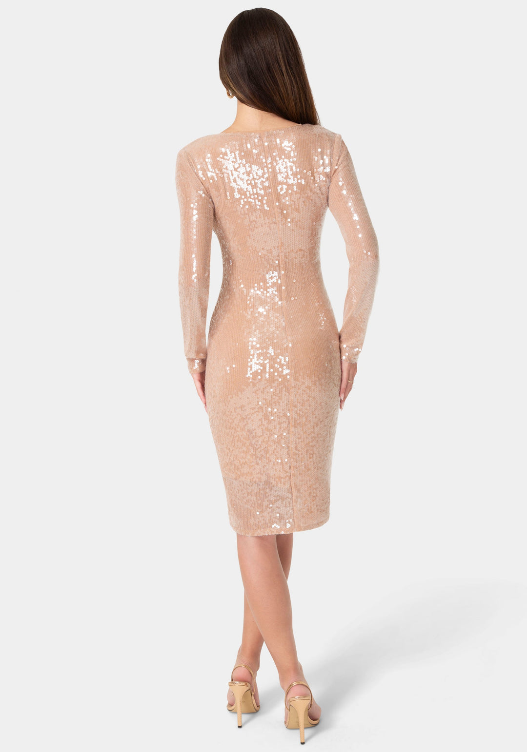 Back View-Sequin Long Sleeve Tie Front Dress-Nude