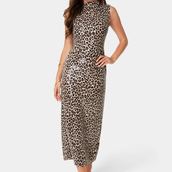 Front View-Mock Neck Printed Sleeveless Dress-Yellow Multi