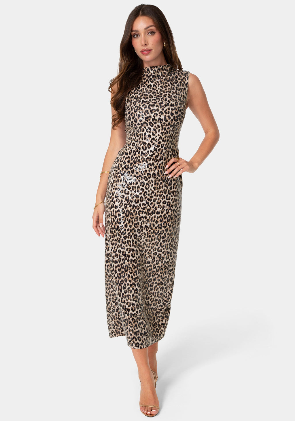Front View-Mock Neck Printed Sleeveless Dress-Yellow Multi