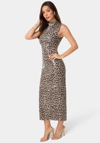 Side View-Mock Neck Printed Sleeveless Dress-Yellow Multi