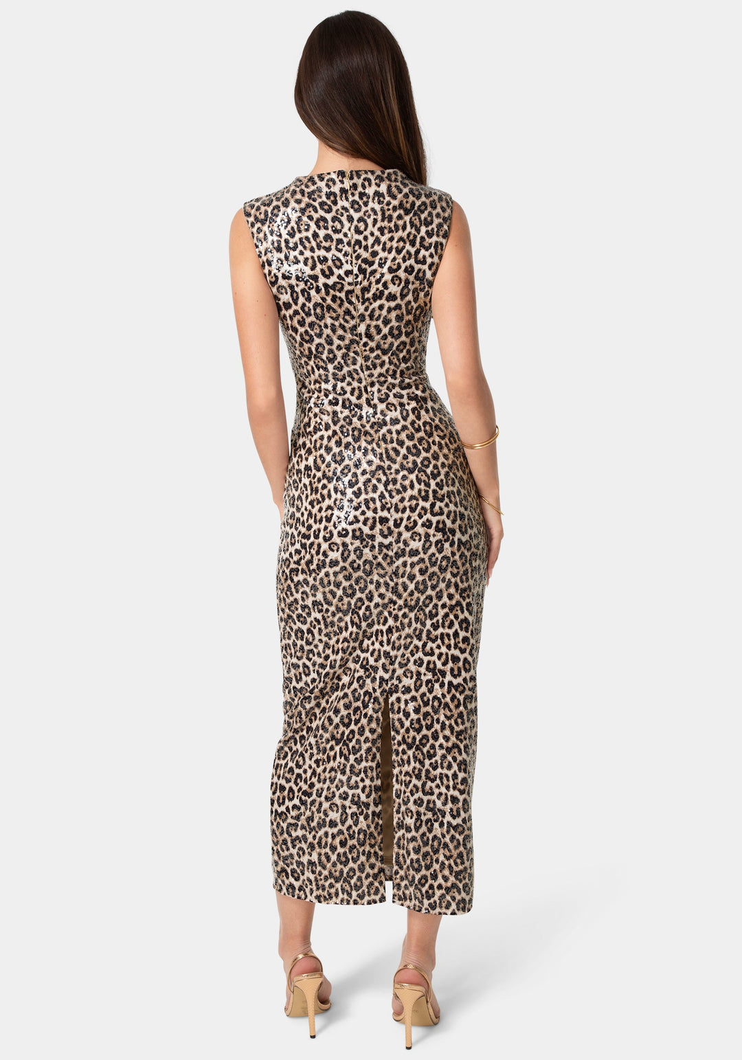 Back View-Mock Neck Printed Sleeveless Dress-Yellow Multi