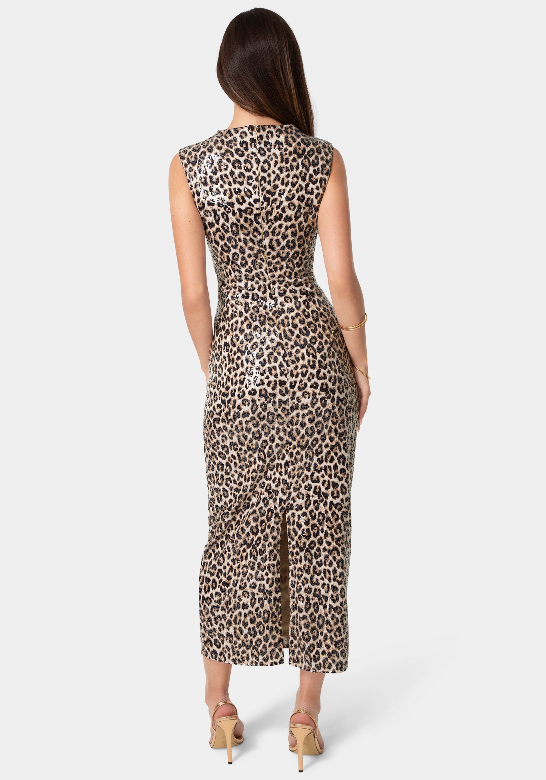 Back View-Mock Neck Printed Sleeveless Dress-Yellow Multi