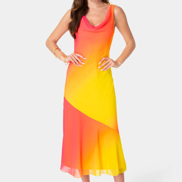 Front View-Ombre Chiffon Cowl Maxi Dress-Orange Fuchsia