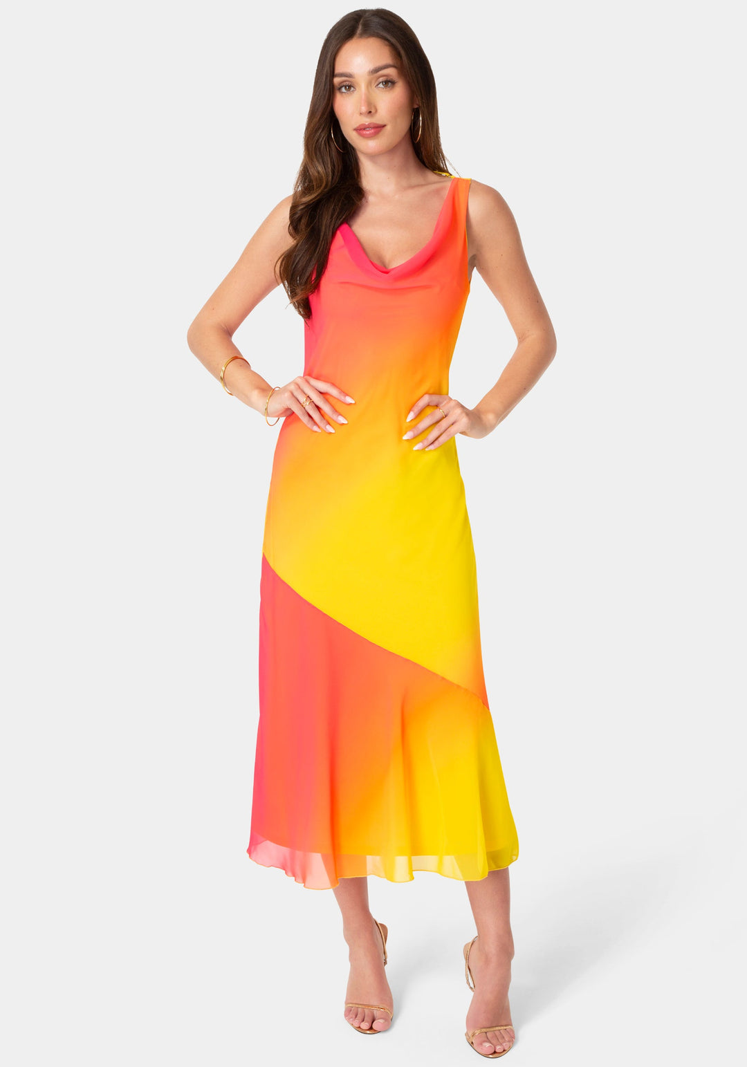 Front View-Ombre Chiffon Cowl Maxi Dress-Orange Fuchsia
