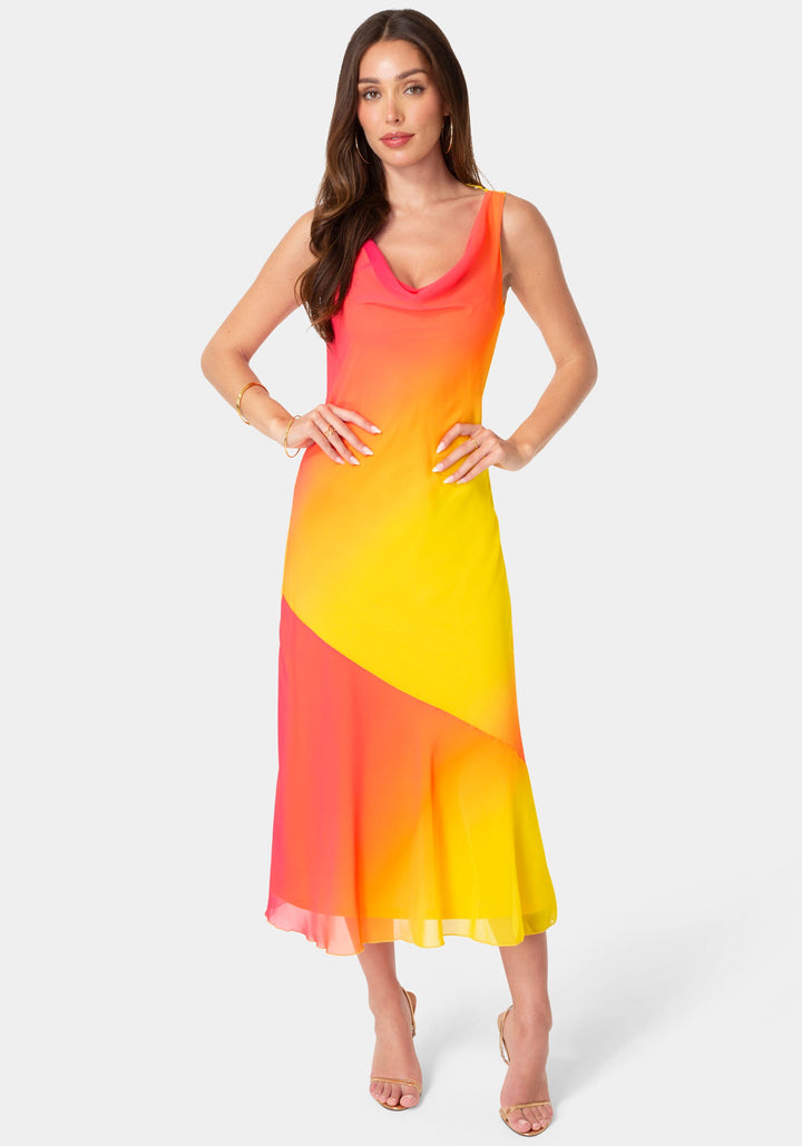 Front View-Ombre Chiffon Cowl Maxi Dress-Orange Fuchsia