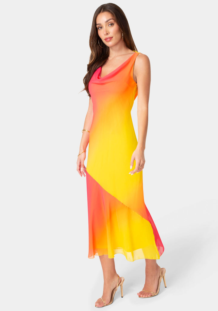 Side View-Ombre Chiffon Cowl Maxi Dress-Orange Fuchsia
