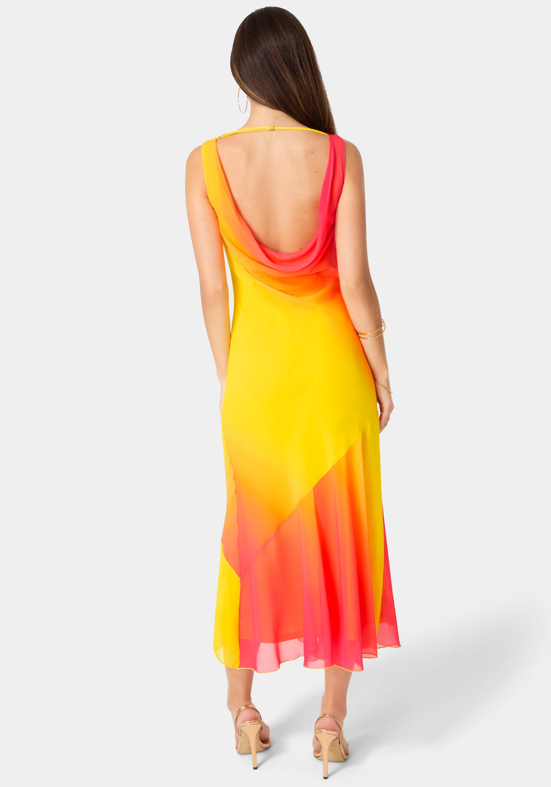Back View-Ombre Chiffon Cowl Maxi Dress-Orange Fuchsia