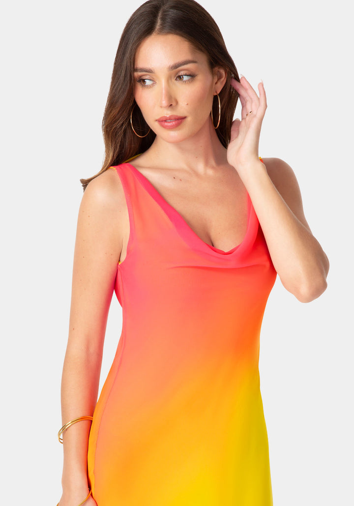 Other View-Ombre Chiffon Cowl Maxi Dress-Orange Fuchsia