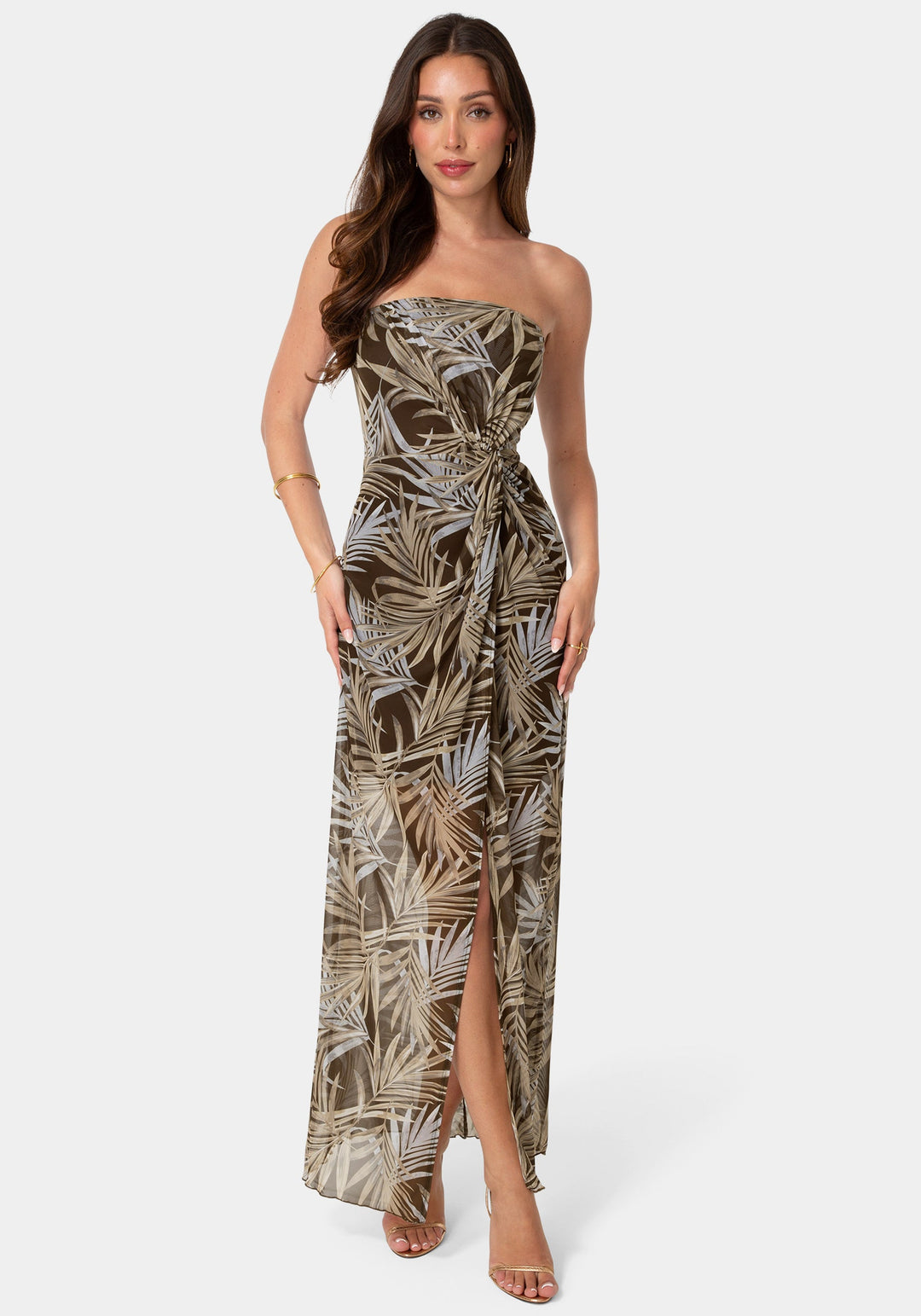 Front View-Printed Mesh Twist Waist Strapless Maxi Dress-Brown Multi
