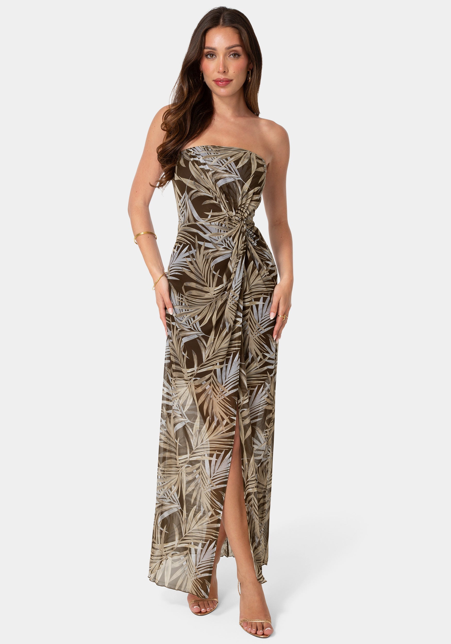 Front View-Printed Mesh Twist Waist Strapless Maxi Dress-Brown Multi