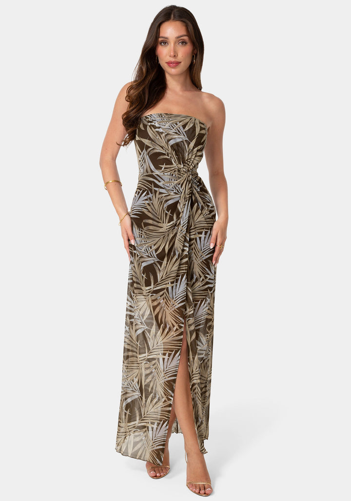 Front View-Printed Mesh Twist Waist Strapless Maxi Dress-Brown Multi